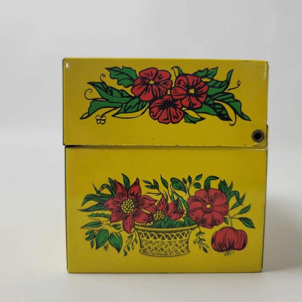 Vintage Syndicate Mfg Co Yellow Floral Rose Metal Tin Recipe Storage Box
